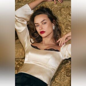 Reformation Cream Silk Top with Black Lace Detail